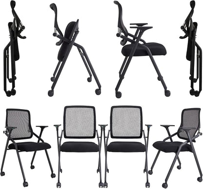 Updated Conference Room Chairs, Folding Office Desk Chair with Lumbar Support and Sliding Armrest with Casters, Stackable Office Guest Chairs & Reception Chairs,8 Pack Black
