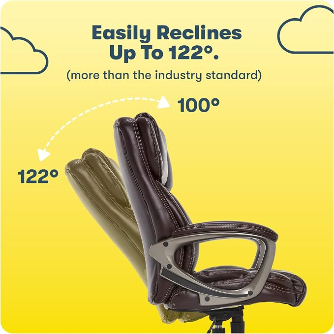 Serta Garret Executive Office Chair, Ergonomic Mid-Back with Lumbar Support, Semi-Plush Cushion and Body Pillows, Padded Armrests, Swivel Base, Bonded Leather, Brown
