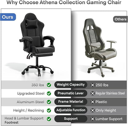 Athena Collection Ergonomic Gaming Chair with Footrest & Headrest Lumbar Support, Height Adjustable Swivel Office Chair Reclining Game Chair High Back Computer Chair for Adults, Carbon Fiber Black