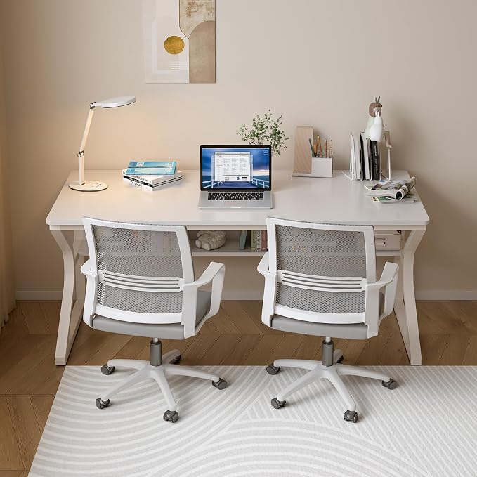 OSCHF Extra Long Desk with Bookshelf - 55" Double Long Writing Table for 2-Person Workstation, Modern Study Work Computer Desk for Home and Office, Warm White