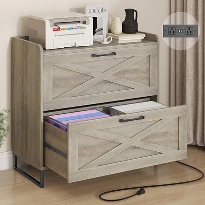 Halitaa File Cabinet 2 Drawers, Lateral File Cabinet with Charging Station for Letter/Legal/A4 Size Hanging Files, Large Wood File Storage Cabinets Printer Stand for Home Office, Washed Gray