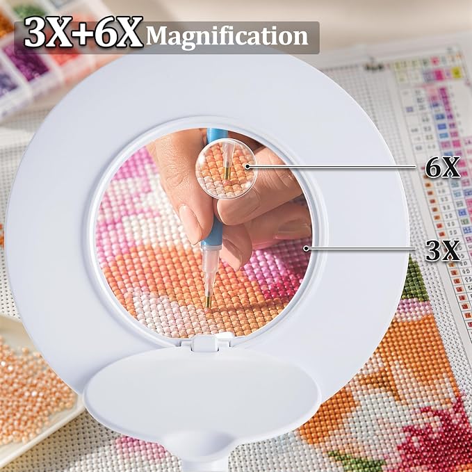 Clip On Magnifier Desk Lamp, Flexible Gooseneck, 2-in-1 Magnifying Glass 3X+6X Led Work Light for Reading, 3 Dimmable Office Magnifying Lamp, Hands Free Mag Desk Lamp for Crafts Sewing Needlepoint