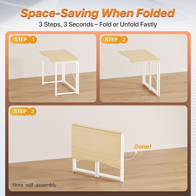 Huuger Folding Desk for Small Spaces, 31.5 Inch Foldable Computer Table, for Home Office, Study, Bedroom, Dorm, Space Saving, Small Writing Work Office Computer Desk, Easy to Fold, Oak