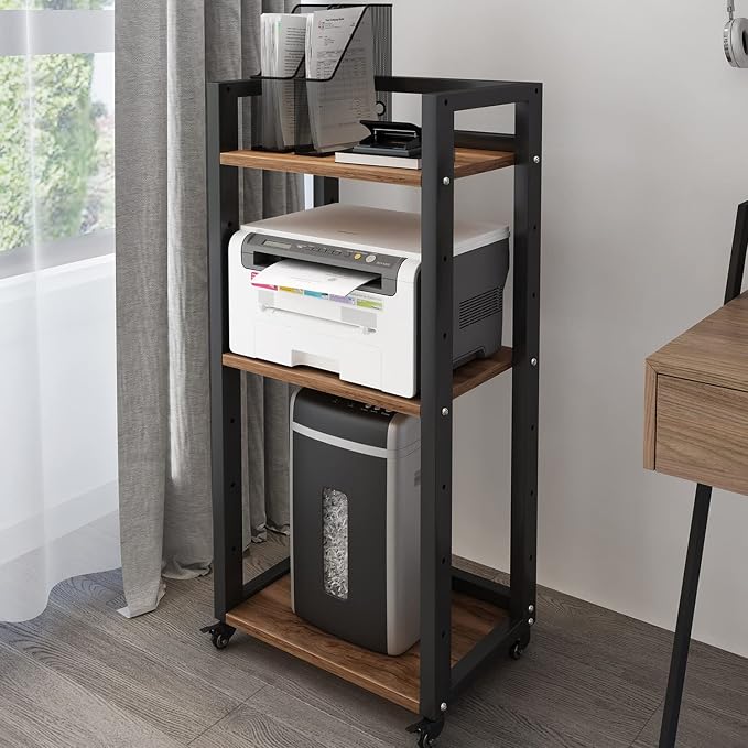 Natwind 3-Tier Movable Printer Stand Floor-Standing Desk Side Shredder Stand Computer Host Holder Adjustable Storage Shelf Rack on Wheels for Fax Scanner File Book (Retro)