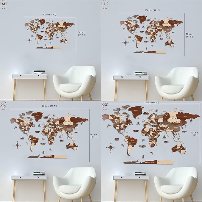 Colorfull Worlds, Multilayer 3D Wooden World Map, Travel Map States and Capitals, Wall Decor For New House, Gift For Travelers, Office Decor, Birthday Present, Living Room Decoration (XL, Betül)