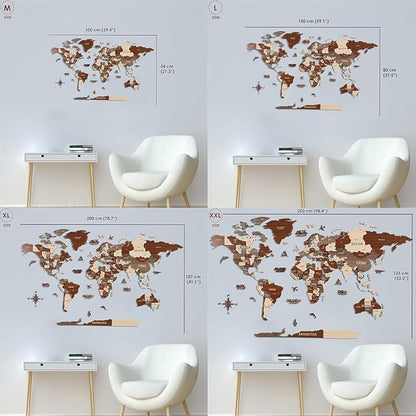 Colorfull Worlds, Multilayer 3D Wooden World Map, Travel Map States and Capitals, Wall Decor For New House, Gift For Travelers, Office Decor, Birthday Present, Living Room Decoration (XL, Betül)