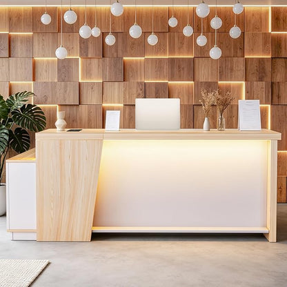 L-Shaped Executive Desk with LED Lights, Modern Reception Desk with AC Power Outlets/USB/Type-C, Executive Workstation with Locked Storage Cabinet, for Office (Wood/Beige, 51.18"L/29.92"W/29.73"H")