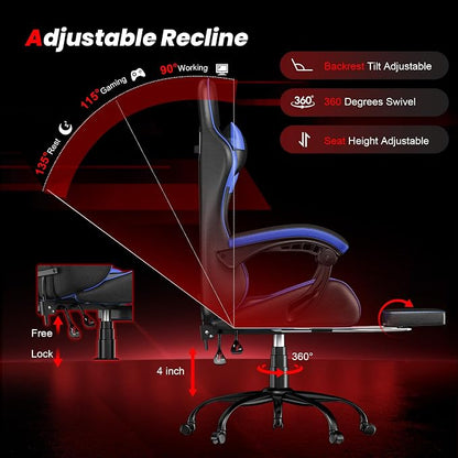 Gaming Chair with Footrest, Ergonomic Video Game Chair with Headrest and Lumbar Support, 400 lbs Adult Chair, Height Adjustable 360° Swivel High Back Reclining Computer Chair for Home Office (Blue)