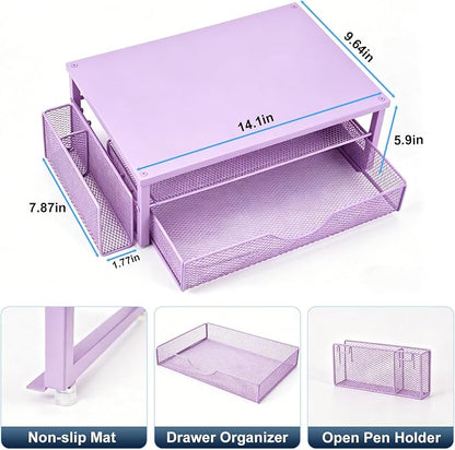 Spacrea Desk Organizer and Accessories, Computer Monitor Stand Riser with Drawer and 1 Open Pen Holder, Printer & Laptop Stand, Office Desk Accessories for Home Office Supplies (Purple)