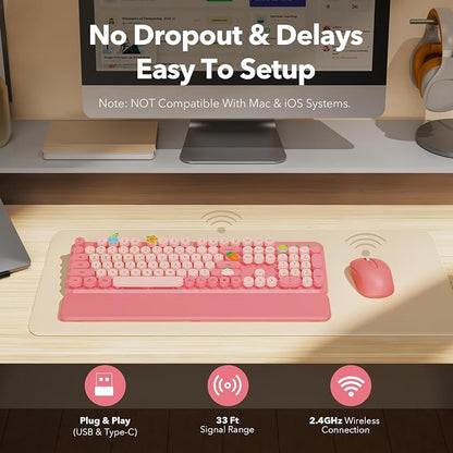 Wireless Keyboard and Mouse Combo, Cute Full-Size Retro Typewriter Keyboard with Round Keycaps, Magnetic Wrist Rest, Tilt Legs, 2.4GHz Cordless for Mac, Windows PC, Laptop, SABLUTE CK23, Baby Pink