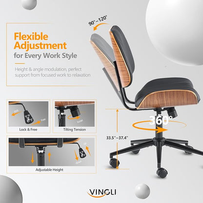 VINGLI Wide Curved Seat&Back Armless Home Office Chair,Ergoromic Adjustable-Height Desk Chair,Swivel&Tilting Function,Stylish Walnut Task Chair for Meeing Room,Dining Room,PU, Black