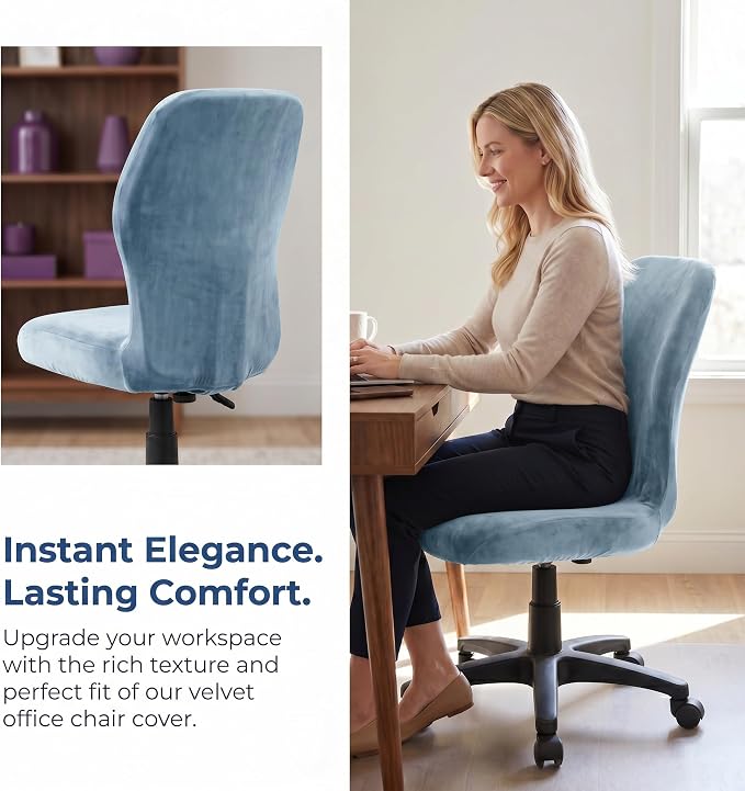 Deisy Dee Velvet Stretch Armless Office Chair Covers - Colorful Stretch Slipcover for Desk Chairs (Baby Blue)