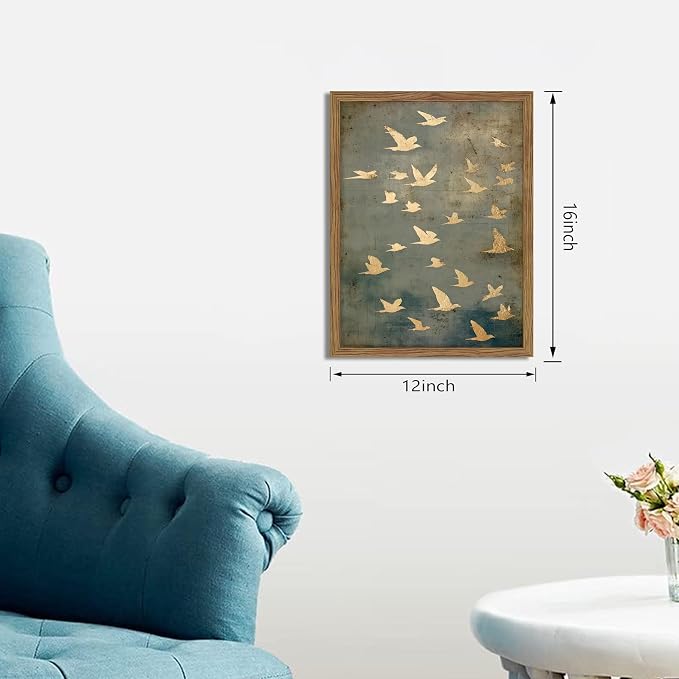 Framed Flock of Birds Canvas Wall Art, Vintage Minimalist Abstract Landscape Painting, Neutral Gold Birds Spiritual Wall Decor, Modern Aesthetic Pictures for Bedroom Living Room 12x16 inch