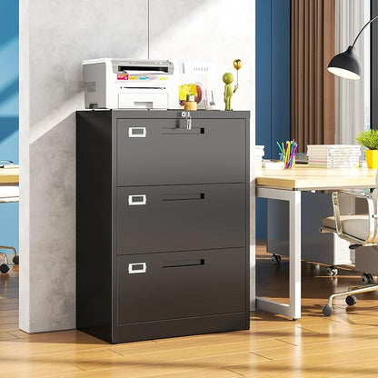 Metal Lateral 3 Drawer File Cabinet, Wide Filing Cabinet with Lock for Home Office Organization Hanging Files Letter/Legal/F4/A4 Size (Black, Assembly Required)