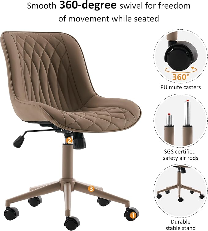 YOUNIKE Faux Leather Ergonomic Office Chair Armless Comfy Desk Chair with Rocking Back Cute Swivel Vanity Chair with Wheels Height Adjustable Small Computer Task Chair for Sewing Drafting Khaki