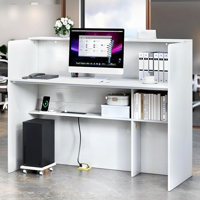 TC-HOMENY Reception Desk with LED Lights, 55'' Retail Counter Modern with Storage Shelves and Cable Grommet, Front Table, Salon Desk, Office Table,White