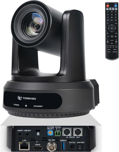 TONGVEO AI Auto-Tracking PTZ Camera: 20X Optical Zoom 1080P 60fps HDMI SDI USB PoE Video Camera for Church Worship Live Streaming, Conference Room Webcam for OBS