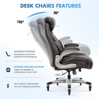 COLAMY Office Chair Ergonomic Desk High Back Executive Chair with Pop-Out Lumbar Support, Upgraded Casters, Adjustable Headrest, Flip-Up Arms, Leather Home with Thick Cushion for Comfort - Brown
