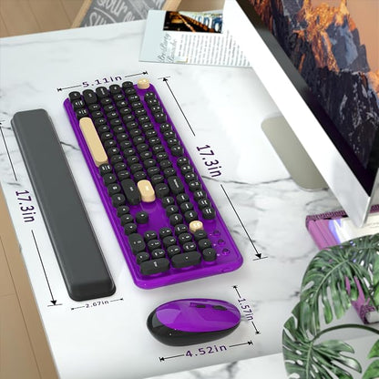 Colorful Wireless Keyboard and Mouse Combo, Retro Typewriter Style Round Keys, 2.4GHz Ergonomic Aesthetic Computer Keyboard with Wrist Rest for Mac, Windows, Laptop, PC(Violet Color)