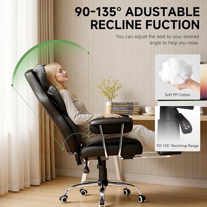 COMHOMA Big and Tall Office Chair, High Back Leather Gaming Chair with Footrest, Executive Ergonomic Office Chair with Pocket Spring Lumbar Support and with Outward Fixed Soft Armrests
