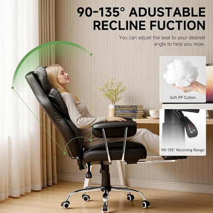 COMHOMA Big and Tall Office Chair, High Back Leather Gaming Chair with Footrest, Executive Ergonomic Office Chair with Pocket Spring Lumbar Support and with Outward Fixed Soft Armrests