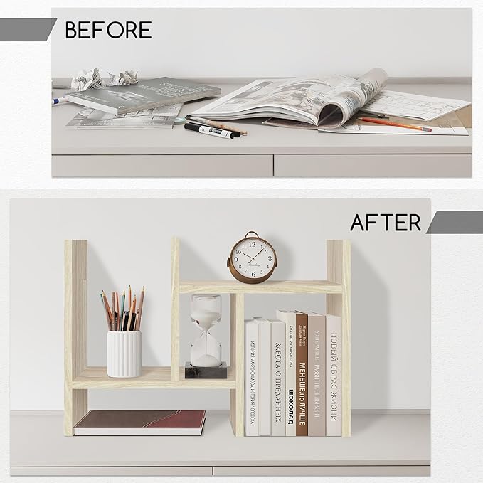 Jerry & Maggie Desktop Organizer Office Storage Rack Adjustable Wood Display Shelf Free Style Double H, Multi-Functional Mini Bookshelf for Desk Natural Stand (White Wood Tone/2 Pack)
