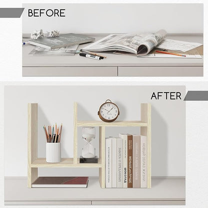 Jerry & Maggie Desktop Organizer Office Storage Rack Adjustable Wood Display Shelf Free Style Double H, Multi-Functional Mini Bookshelf for Desk Natural Stand (White Wood Tone/2 Pack)