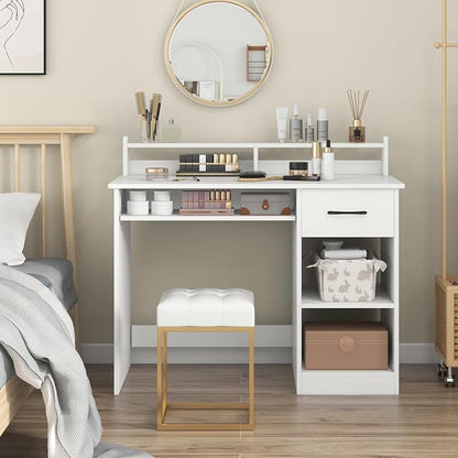 GOFLAME White Computer Desk with Charging Station, Type C Port, Modern Writing Desk with Drawer, Removable & Adjustable Shelf, Keyboard Tray, Home Office Laptop Desk with Hutch, for Bedroom, Study
