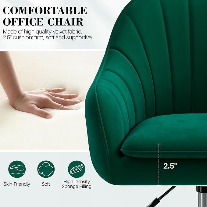 Vanity Chair with Wheels, Comfy Home Office Desk Chairs Adjustable Modern Velvet Makeup Vanity Chairs for Bedroom Living Room-Green