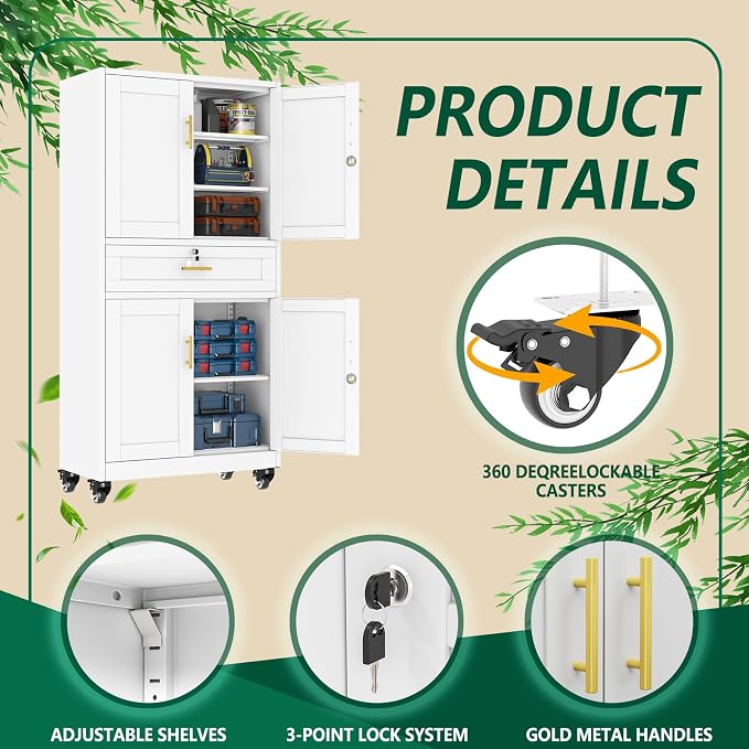 winiowa 71" Tall Metal Garage Storage Cabinet with Wheels and Locking Doors, Locking Rolling Tool Cabinet with Drawer and 3 Adjustable Shelves for Garage,Home,Office-White