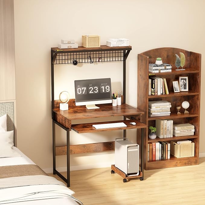 Computer Desk with Hutch and Storage Shelf，31.5 Inch Desk with Keyboard Tray, Office Study Table Writing Desk Workstation Bookshelf for Home Office, Brown