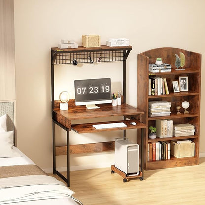 Computer Desk with Hutch and Storage Shelf，31.5 Inch Desk with Keyboard Tray, Office Study Table Writing Desk Workstation Bookshelf for Home Office, Brown