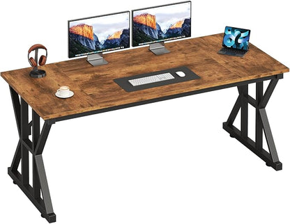 TVU Computer Desk, 55 inch Large Office Desk, Study Writing Table with Thicken Frame, Gaming Desk, Modern Simple Desk for Home Office, Rustic Brown