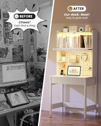 HNEBC White Computer Desk - with Power Outlets & Chariging Station,Small Writing Desk with Hutch and Drawers,66.3''H Office Desk with Pull-Out LED Lights,Pop-up Glass Door,Pegboards,Bedroom