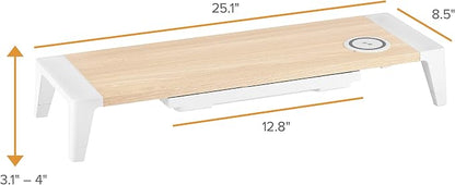 Bostitch Office Wooden Monitor Stand with Wireless Charging Pad, Drawer for Storage, Adjustable Height Riser Includes Removable Non-Skid Rubber Feet - Wood Grain and White (STND-2408WH)