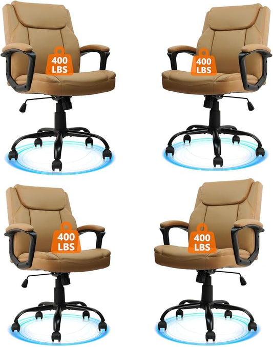 CLATINA Brown Office Computer Chair PU Leather Executive Swivel Adjustable Height Chairs with Upholstery Fixed armrest Mid-Back Leather Thick Cushion Office Chair Brown 4Pack
