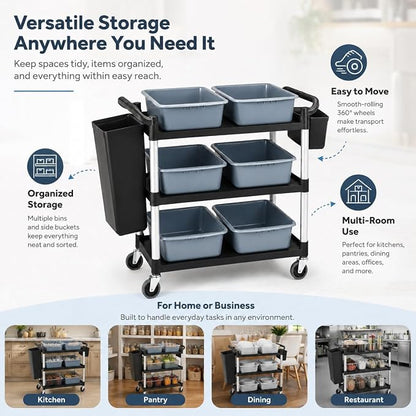 Storage Cart 3 Tier Heavy Duty Commercial Grade Utility Cart,Dish Cart for Restaurant,Multi-Function Mobile Shelving Unit Organizer for Hotel,Restaurant,Kitchen,Laundry Room with 6 Basin 2 Barrels