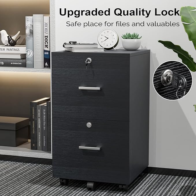 VINGLI 2-Drawer File Cabinet with Lock, Small Rolling Wood Filing Cabinet for Hanging Letter Size Filings with Tabs, Mobile Under Desk File Organizer for Home Office, Classic Black, 27.2" H