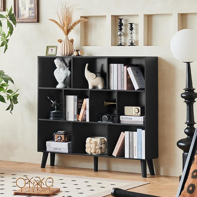 LEYAOYAO 10 Cube Bookshelf,3 Tier Modern Wide Bookcase with Legs,Mid-Century Wood Bookshelves Storage,Black Large Book Case,Freestanding Organizer Display Shelf for Bedroom,Living Room,Office