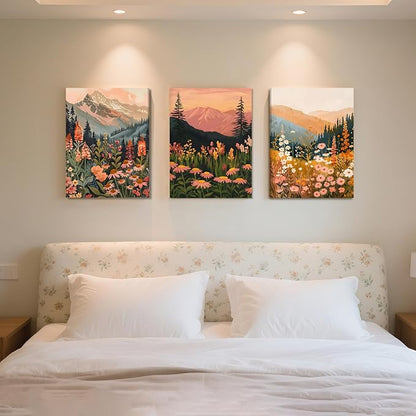ICHZUMW Boho Mountain Wall Decor, Colorful Nature Abstract Landscapes Wildflower Canvas Wall Art, Daisy Painting Artwork for Living Room Bedroom Office, Wrapped Canvas, Ready to Hang, 12x16in 3Pcs