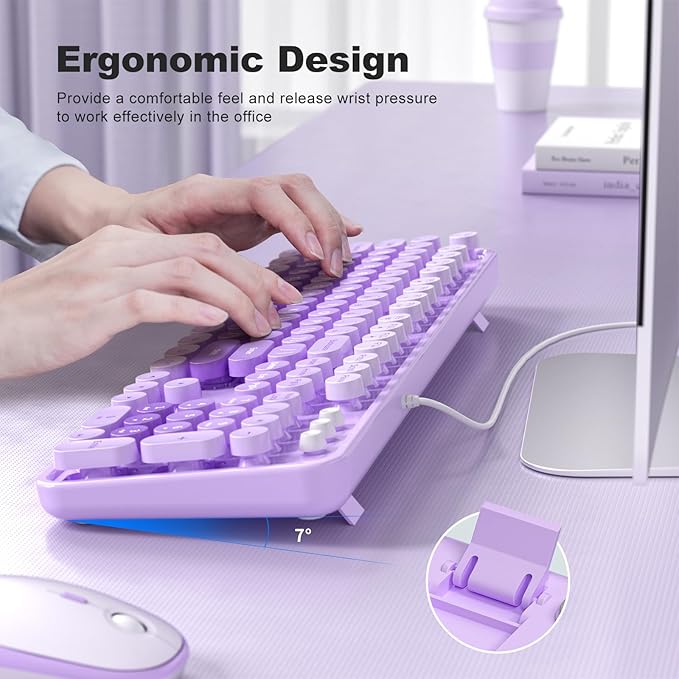 MOWUX Computer Keyboard Wired, Plug and Play USB Retro Round Typewriter Keyboard, Full Size Wired Keyboard with Foldable Stands for Laptop and Office PC- Purple with Large