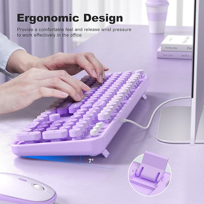 MOWUX Computer Keyboard Wired, Plug and Play USB Retro Round Typewriter Keyboard, Full Size Wired Keyboard with Foldable Stands for Laptop and Office PC- Purple with Large