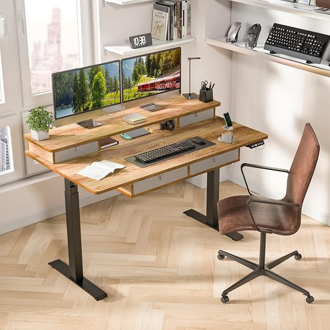 Kingant 55 x 30 Inch Electric Standing Desk with 4 Drawers, Adjustable Height Computer Desk for Home Office, Large Workstation Sit Stand Up Desk with Built-in USB A/C Ports, Light Rustic Brown