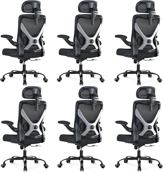 Ergonomic Office Chair - X-Shaped Computer Desk Chair Comfy, Gaming Chair, Office Chair with Lumbar Support, Mesh Office Chairs with Headrests, Desk Chair for Long Hours, Black Silver, Pack of 6