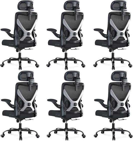 Ergonomic Office Chair - X-Shaped Computer Desk Chair Comfy, Gaming Chair, Office Chair with Lumbar Support, Mesh Office Chairs with Headrests, Desk Chair for Long Hours, Black Silver, Pack of 6