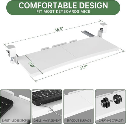 UPGRAVITY Extra Large Keyboard Tray Under Desk - Slide Out with Sturdy C-Clip Mount System, 31.5" (35.8" Including Clamps) x 11.8" Put-Out Keyboard Tray Computer Drawer for Ergonomic Typing, White