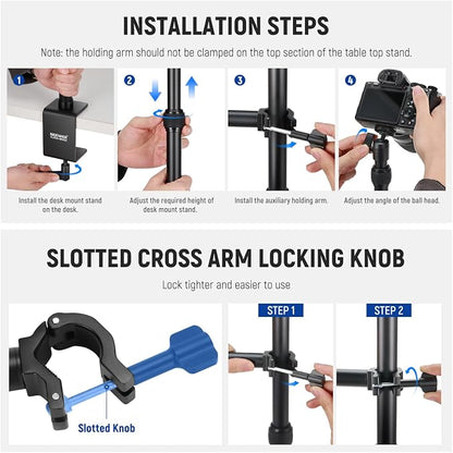 NEEWER Upgraded Overhead Camera Rig with Trifold Camera Boom Arm (Max Load 2lb), 47"/1.2m Telescopic Desk Mount Stand (Max Load 8.8lb) with Phone Clamp Ball Head for LED Light Webcam Mic, TL253A+MH022
