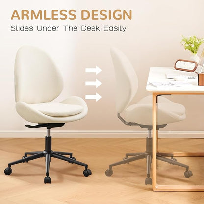 Furniliving Chenille Armless Desk Chair with Wheels, Upholstered Home Office Chair with Double-Layer Cushion, Adjustable Swivel Computer Vanity Chair with Rocking Back, White
