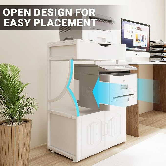 Natwind 3 -Tier Rolling Printer Stand with Filing Cabinet,23.6"x15.8",White | Printer Table with Open Shelf and Drawer,Heavy-duty Home Office Storage on Lockable Wheels for 3d Printer,Scanner and Files