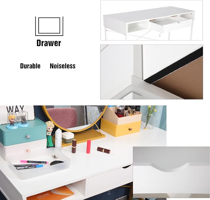 JJS 48' Writing Desk with Power Outlet, Home Office Contemporary Large Computer Desk Laptop Workstation with Drawer USB Ports Charging Station, White